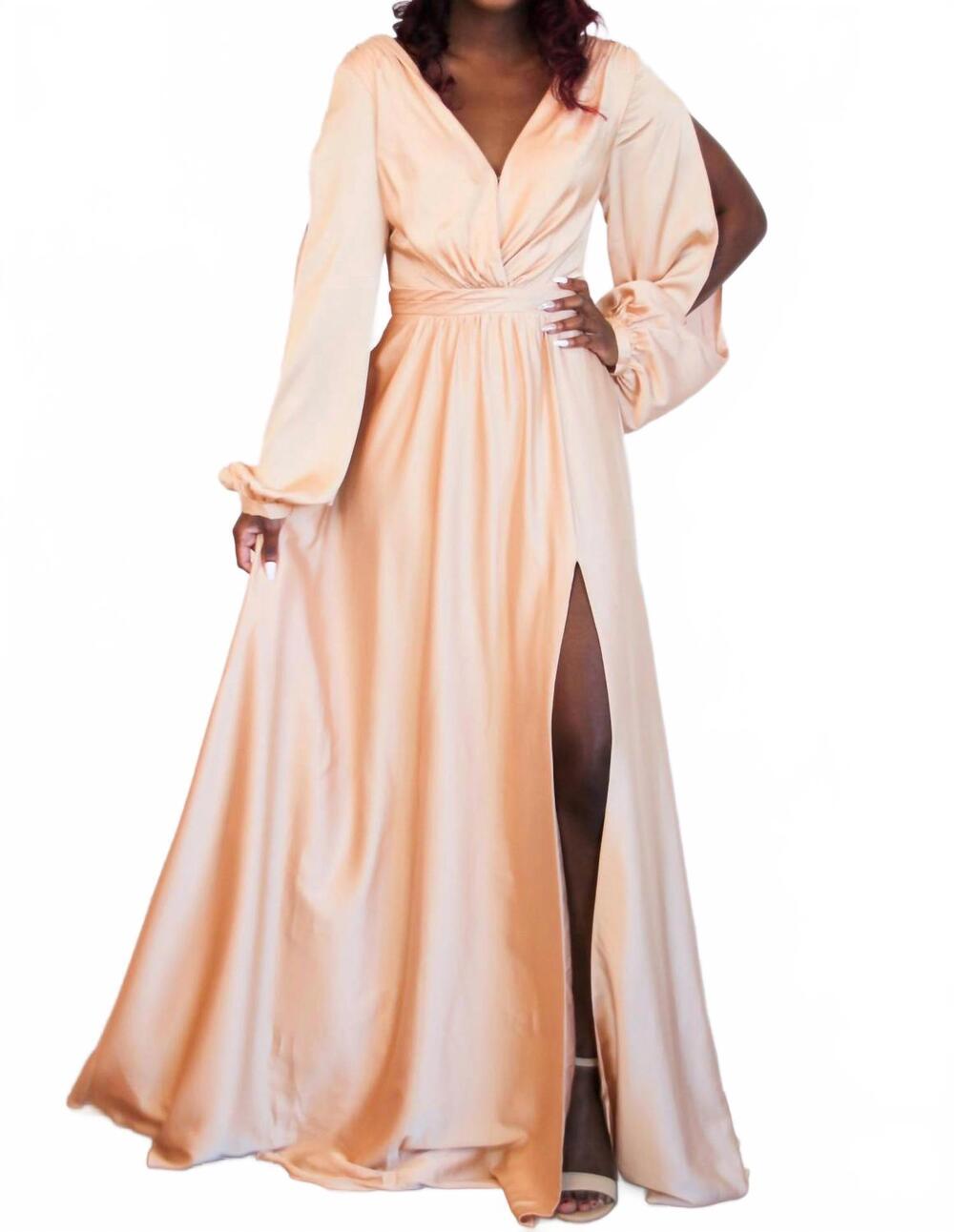 NEW CINDERELLA DIVINE scarlett long sleeve slit formal dress in champagne